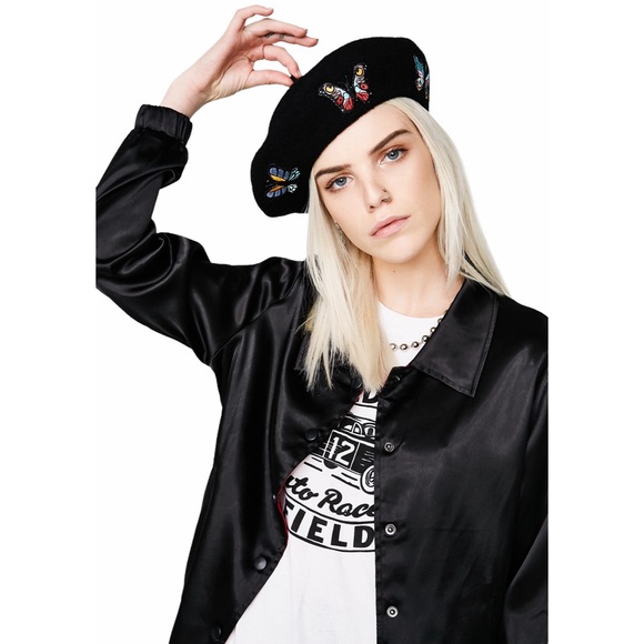 VHTF: Valfre ☻︎ Social Butterfly Embroidered Beret Hat ☻︎ Black Wool ☻︎ Colorful - Picture 4 of 17